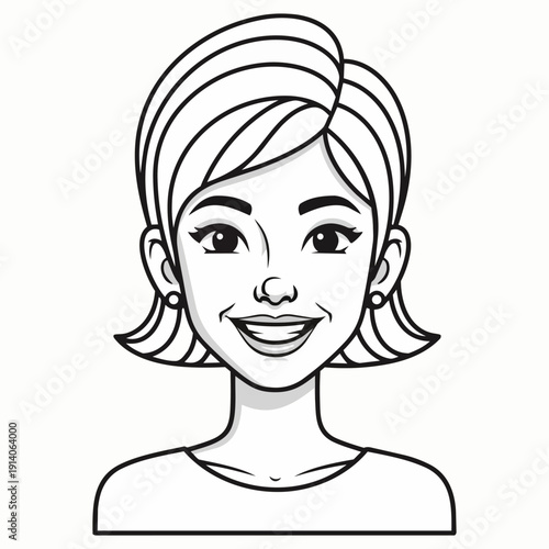 A smiling woman with short hair and earrings is depicted in a simple black and white line drawing from a front viewpoint.