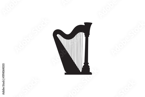 Elegant black harp silhouette against pristine white background capturing classical musical instrument often associated with Irish culture and music