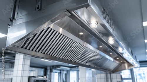 Professional Stainless Steel Exhaust Hood in a Modern Commercial Kitchen with LED Lights and Baffle Filters