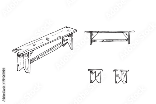 Solid wooden bench sketch set with sturdy frame design
