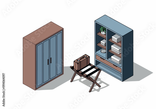 Isometric furniture arrangement for a room, featuring a wardrobe and a bookshelf with decorative items