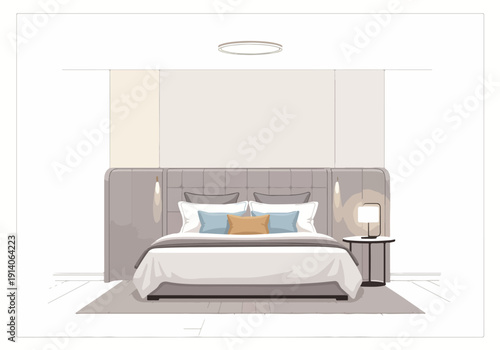 Elegant Master Bedroom Design with Plush Headboard, Comfortable Bedding, and Ambient Lighting
