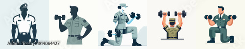 Vector Illustration of a Military Personnel Lifting Dumbbells in the Gym