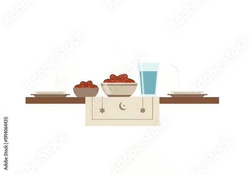 Flat design illustration vector of a kitchen counter with a bowl of fruit, a glass of water, and plates on a brown surface against a white background.