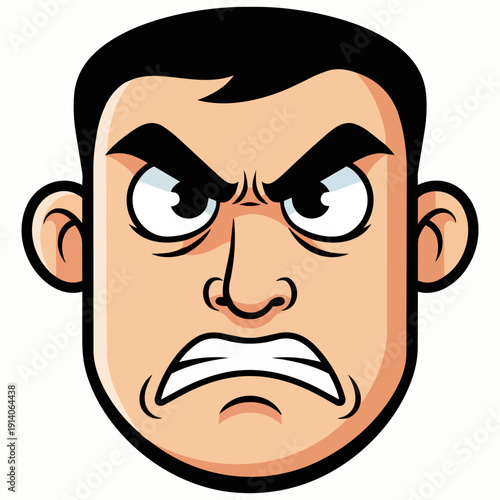 A cartoon man with an angry expression staring directly at the viewer with a bold facial gesture close-up