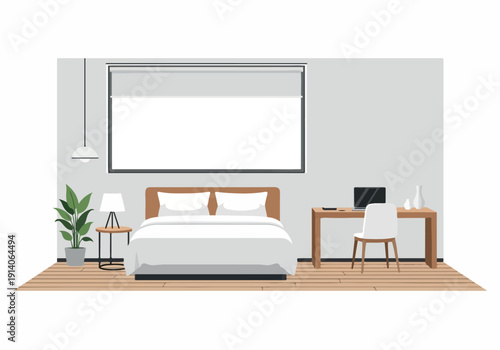 Cozy and functional bedroom with a comfortable bed, a dedicated workspace, and elegant decor, creating a serene and productive environment