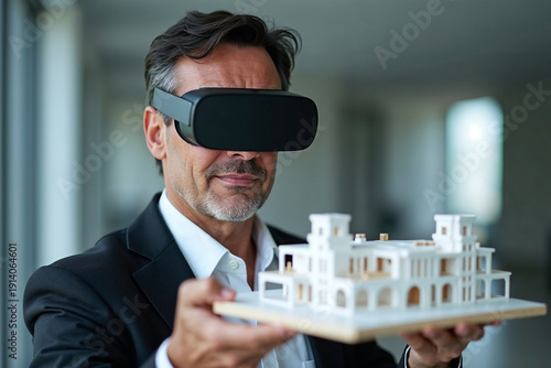 Wallpaper Mural Architect Wearing VR Headset Analyzing 3D City Model in Modern Office Torontodigital.ca