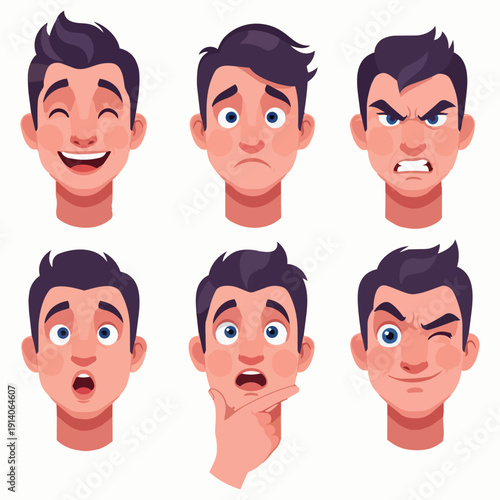 A set of six cartoon male faces displaying different facial expressions and emotions from various viewpoints