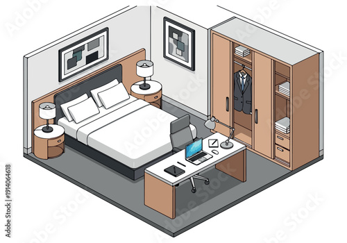 Isometric hotel room with a bed, desk, wardrobe, and decor, perfect for interior design and travel themes