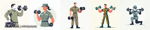 Vector Illustration of a Military Personnel Lifting Dumbbells in the Gym