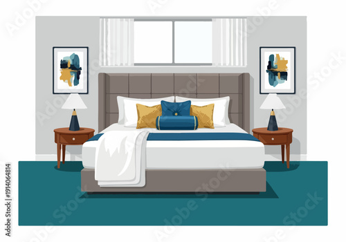 Elegant bedroom interior design with a king-size bed, plush pillows, and modern artwork, creating a luxurious and inviting atmosphere