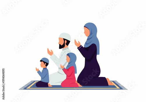 Flat design illustration vector of a Muslim family in prayer, with parents and two children kneeling on a mat in a simple, colorful style.