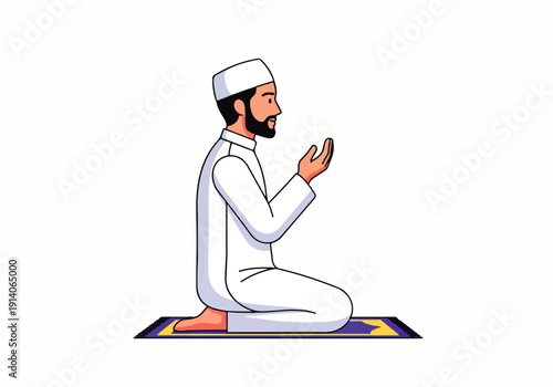 Flat design illustration vector of a man in white Islamic prayer attire kneeling on a colorful prayer mat with hands raised in a serene and peaceful atmosphere against a clean white