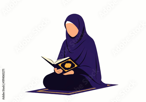 A woman wearing a hijab sits cross-legged on a prayer mat reading a book in a simple flat design illustration vector.