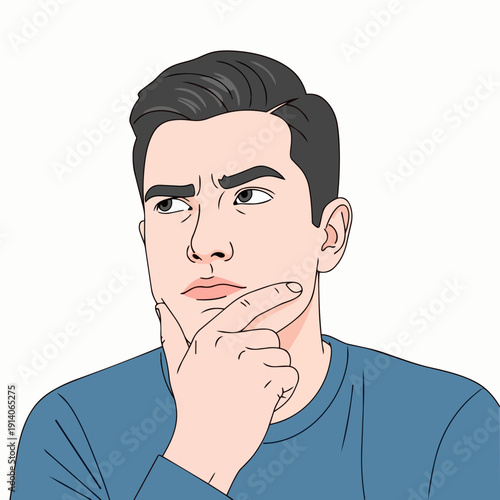 A thoughtful young man contemplating with his hand on his chin, lost in thought, in a serene illustration from a front viewpoint