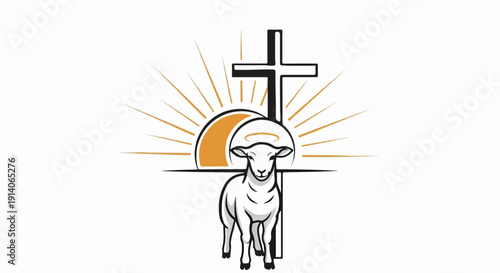 A religious symbol featuring a lamb, cross, and sunburst