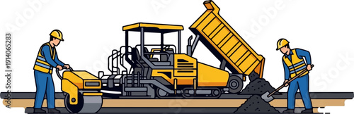 Construction workers operate heavy machinery and equipment to build and repair roads
