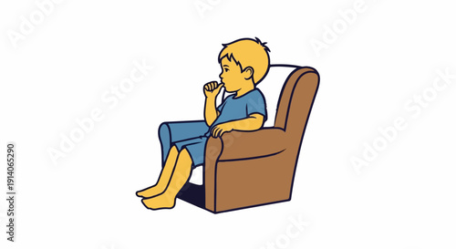 A young boy with blond hair sits in a brown armchair, contemplating with his finger to his mouth