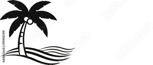 A black silhouette of a palm tree with coconuts stands on wavy ground against a white background