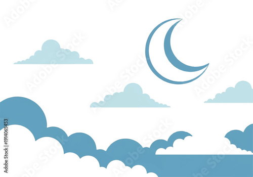 A serene Flat Design illustration of a crescent moon and various blue clouds in a vector graphic, set against a white background with a calming atmosphere.
