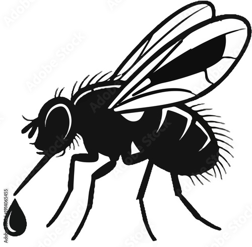 Silhouette of a buzzing insect with clear wings, tiny hairs, and a dripping liquid