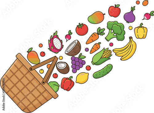 Open wicker picnic basket with flying fresh fruits and vegetables healthy organic food colorful vector illustration isolated on background