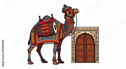 A decorated camel with a drum stands beside an ornate wooden door