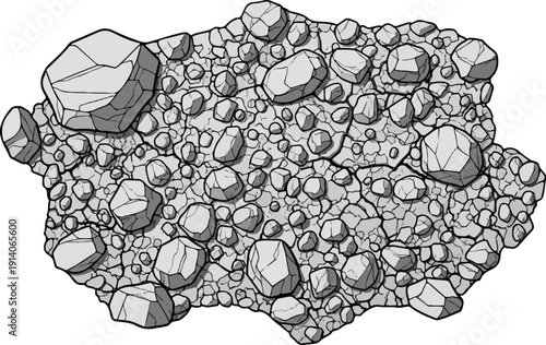 A detailed, monochromatic illustration of a dense collection of various-sized stones