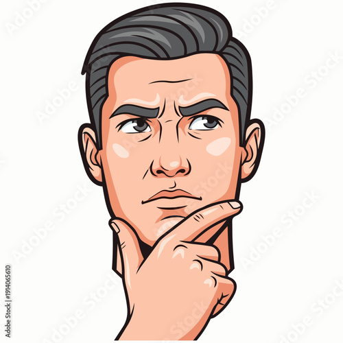 Thoughtful young man deep in contemplation with hand on chin, expressing puzzlement and deep thinking