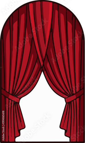A theatrical archway framed by drawn-back, deep red velvet curtains, tied with matching sashes