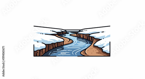 A narrow river winds through snow-covered banks under a light sky