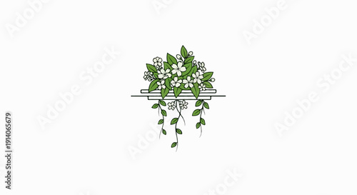 Delicate white blossoms and green leaves cascade from a simple, layered shelf