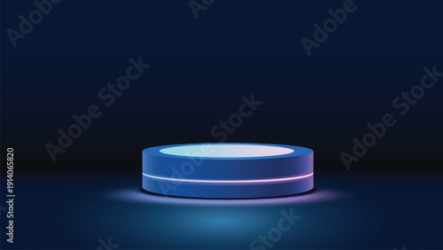Empty blue 3D podium stage with neon light for product presentation on dark blue background