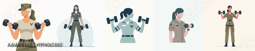 Vector Illustration of a Military Personnel Lifting Dumbbells in the Gym