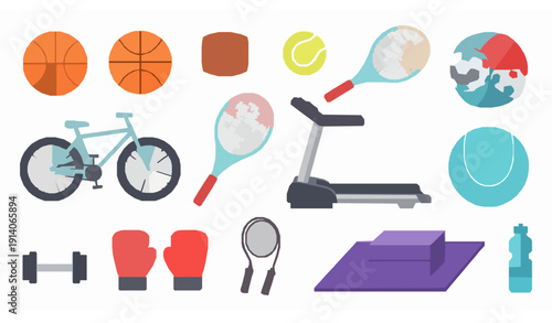 Colorful sports and fitness vector illustration set with training gear and athletic equipment