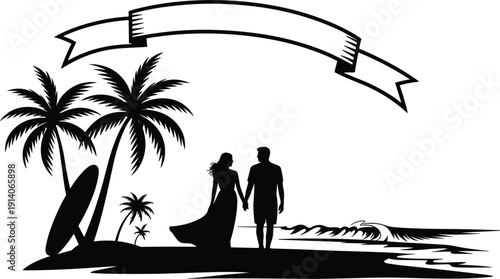 Couple on Tropical Beach with Palm Trees and Surfboard Silhouette illustration