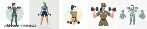 Vector Illustration of a Military Personnel Lifting Dumbbells in the Gym
