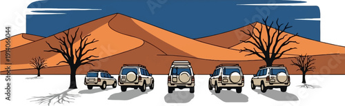 Desert safari with vehicles parked before sand dunes and sparse trees