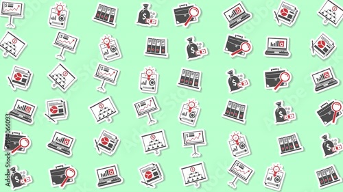 Multiple business stickers  computers, money, charts. Ideal for presentations, websites, and social media posts to add visual interest.