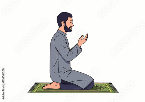 A man in a gray robe kneels on a green prayer mat with his hands raised in a gesture of supplication against a clean white background, in a flat design illustration vector.