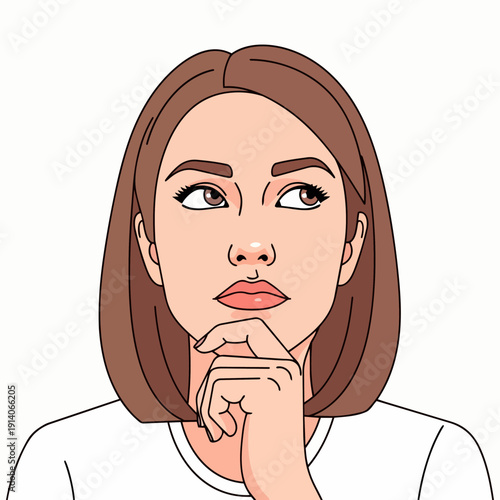 A contemplative woman with chin resting on hand lost in thought