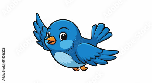 Cheerful blue cartoon bird with orange beak and feet, wings spread wide in flight