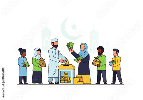 Flat design illustration vector of diverse people exchanging goods and money in a charitable scene with a mosque in the background.