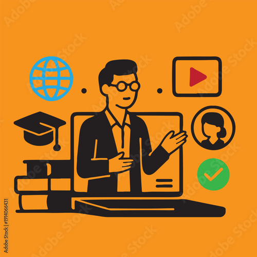 E-learning and Online Education Concept with Laptop Teacher and Graduation Cap Flat Vector Illustration