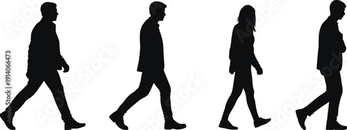 Four black silhouettes of people walking in profile on a white background Keywords: people, silhouette, walking, movement