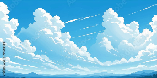 Beautiful clear blue sky with fluffy white cumulus clouds and bright sunlight on a summer day creating a peaceful atmosphere