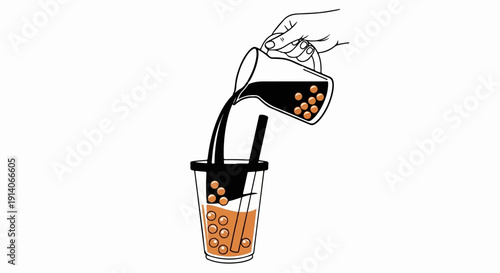 Hand pouring dark liquid with pearls into a cup with bubbles and a straw