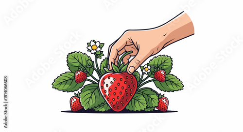 Hand picking a ripe strawberry from a lush plant with leaves and flowers