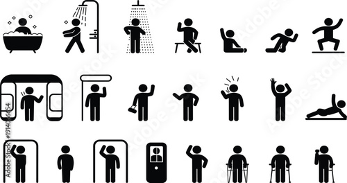 Collection of black pictogram depicting people in various everyday activities and situations