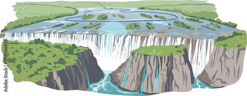 An expansive waterfall cascades down rocky cliffs, with a winding river and islands above